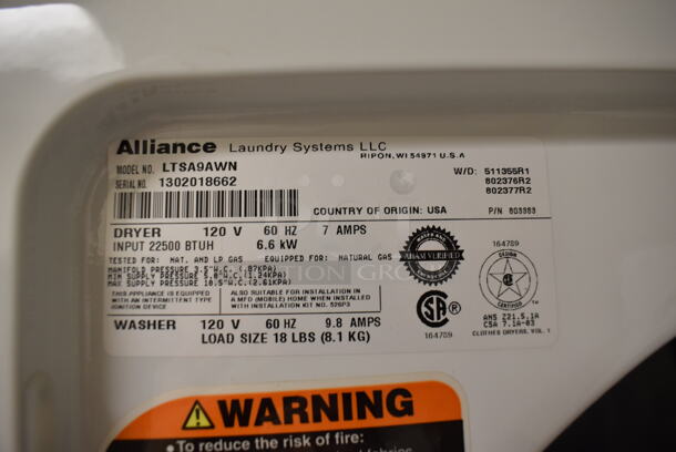 Alliance Stacked Front Load Washer and Dryer Unit. Model LTSA9AWN 120 Volts, 1 Phase Washer. 27x28x76. (Store Room) - Image 5 of 8