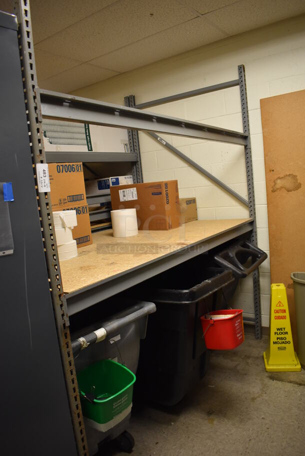 Gray Metal Shelving Unit w/ Contents and 2 Poly Carts. BUYER MUST REMOVE. Includes 88x48x96. (Maintenance Room)
