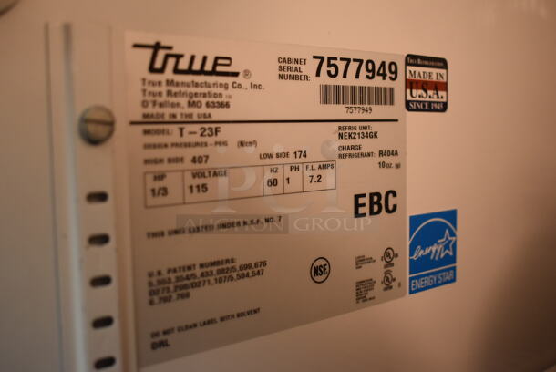 2012 True T-23F ENERGY STAR Stainless Steel Commercial Single Door Reach In Freezer w/ Poly Coated Racks on Commercial Casters. Does Not Include Contents. 115 Volts, 1 Phase. Tested and Working! (Pastry Kitchen)  - Image 6 of 6