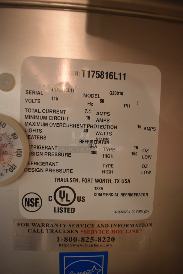 Traulsen G20010 ENERGY STAR Stainless Steel Commercial 2 Door Reach In Cooler w/ Poly Coated Racks on Commercial Casters. Does Not Include Contents. 115 Volts, 1 Phase. 52x35x83.5. Tested and Working! (Pastry Kitchen) - Image 5 of 8