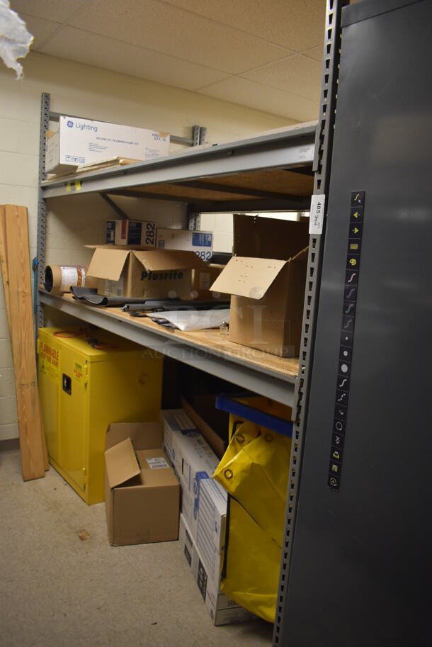 Gray Metal Shelving Unit w/ Contents Including Lightbulbs and Safety Storage Cabinet. BUYER MUST REMOVE. Includes 100x49x96. (Maintenance Room)