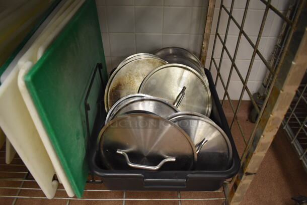Metal 4 Tier Wire Shelving Unit w/ Contents Including Utensils, Poly Drop In Bins and Cutting Boards on Commercial Casters. BUYER MUST DISMANTLE. PCI CANNOT DISMANTLE FOR SHIPPING. PLEASE CONSIDER FREIGHT CHARGES. 60x24x78. (Restaurant Kitchen) - Image 7 of 10