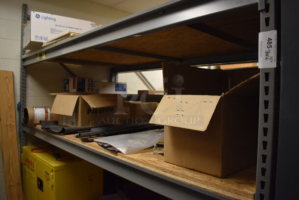 Gray Metal Shelving Unit w/ Contents Including Lightbulbs and Safety Storage Cabinet. BUYER MUST REMOVE. Includes 100x49x96. (Maintenance Room) - Image 3 of 7