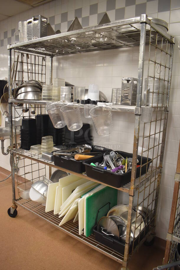 Metal 4 Tier Wire Shelving Unit w/ Contents Including Utensils, Poly Drop In Bins and Cutting Boards on Commercial Casters. BUYER MUST DISMANTLE. PCI CANNOT DISMANTLE FOR SHIPPING. PLEASE CONSIDER FREIGHT CHARGES. 60x24x78. (Restaurant Kitchen) - Image 10 of 10