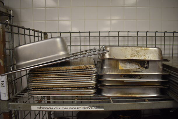 Metal 4 Tier Wire Shelving Unit w/ Contents Including Metal Baking Pans, Drop In Bins and Skillets on Commercial Casters. BUYER MUST DISMANTLE. PCI CANNOT DISMANTLE FOR SHIPPING. PLEASE CONSIDER FREIGHT CHARGES. 48x24x70. (Restaurant Kitchen) - Image 3 of 11