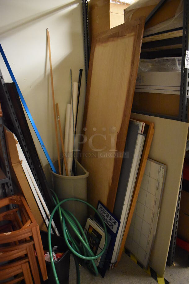 Gray Metal Shelving Unit w/ Contents Including Trash Cans, Red Cart, and Ceiling Tiles.Does Not Include White Board. BUYER MUST REMOVE. Includes 101x49x96. (Maintenance Room) - Image 2 of 10