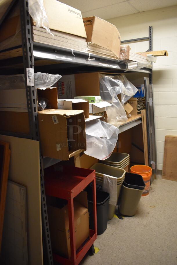 Gray Metal Shelving Unit w/ Contents Including Trash Cans, Red Cart, and Ceiling Tiles.Does Not Include White Board. BUYER MUST REMOVE. Includes 101x49x96. (Maintenance Room) - Image 3 of 10