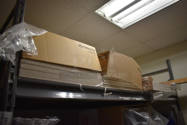 Gray Metal Shelving Unit w/ Contents Including Trash Cans, Red Cart, and Ceiling Tiles.Does Not Include White Board. BUYER MUST REMOVE. Includes 101x49x96. (Maintenance Room) - Image 4 of 10