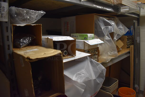 Gray Metal Shelving Unit w/ Contents Including Trash Cans, Red Cart, and Ceiling Tiles.Does Not Include White Board. BUYER MUST REMOVE. Includes 101x49x96. (Maintenance Room) - Image 5 of 10