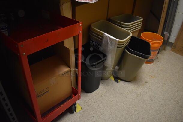 Gray Metal Shelving Unit w/ Contents Including Trash Cans, Red Cart, and Ceiling Tiles.Does Not Include White Board. BUYER MUST REMOVE. Includes 101x49x96. (Maintenance Room) - Image 6 of 10