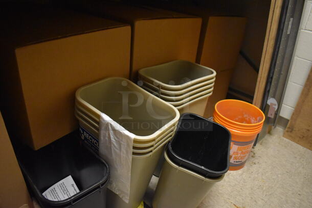 Gray Metal Shelving Unit w/ Contents Including Trash Cans, Red Cart, and Ceiling Tiles.Does Not Include White Board. BUYER MUST REMOVE. Includes 101x49x96. (Maintenance Room) - Image 7 of 10