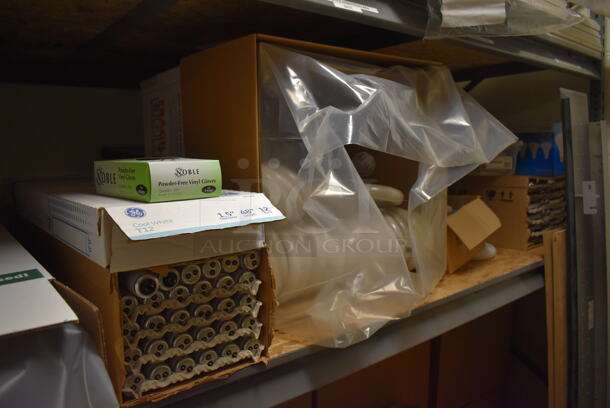 Gray Metal Shelving Unit w/ Contents Including Trash Cans, Red Cart, and Ceiling Tiles.Does Not Include White Board. BUYER MUST REMOVE. Includes 101x49x96. (Maintenance Room) - Image 8 of 10