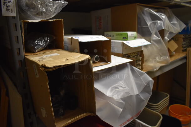 Gray Metal Shelving Unit w/ Contents Including Trash Cans, Red Cart, and Ceiling Tiles.Does Not Include White Board. BUYER MUST REMOVE. Includes 101x49x96. (Maintenance Room) - Image 9 of 10
