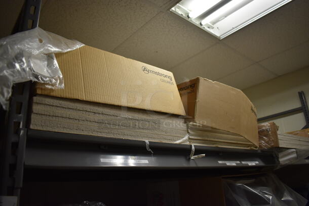 Gray Metal Shelving Unit w/ Contents Including Trash Cans, Red Cart, and Ceiling Tiles.Does Not Include White Board. BUYER MUST REMOVE. Includes 101x49x96. (Maintenance Room) - Image 10 of 10