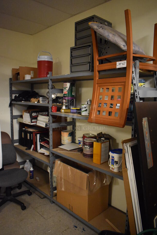 Gray Metal Shelving Unit w/ Contents Including Chair, Paint and Binders. BUYER MUST REMOVE. Includes 98x19x72. (Maintenance Room)