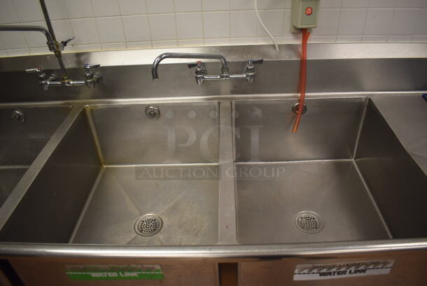 Stainless Steel Commercial 3 Bay Sink w/ Dual Drain Boards, 2 Faucets, 2 Handle Sets and Spray Nozzle Attachment. BUYER MUST REMOVE. 134x36x48. Bays 24x30x14. Drain Boards 28x32x2. (Restaurant Kitchen) - Image 3 of 7