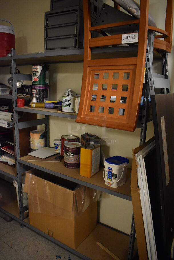 Gray Metal Shelving Unit w/ Contents Including Chair, Paint and Binders. BUYER MUST REMOVE. Includes 98x19x72. (Maintenance Room) - Image 2 of 7