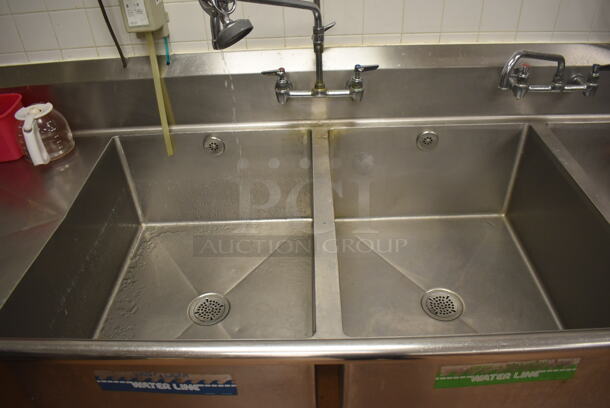Stainless Steel Commercial 3 Bay Sink w/ Dual Drain Boards, 2 Faucets, 2 Handle Sets and Spray Nozzle Attachment. BUYER MUST REMOVE. 134x36x48. Bays 24x30x14. Drain Boards 28x32x2. (Restaurant Kitchen) - Image 4 of 7