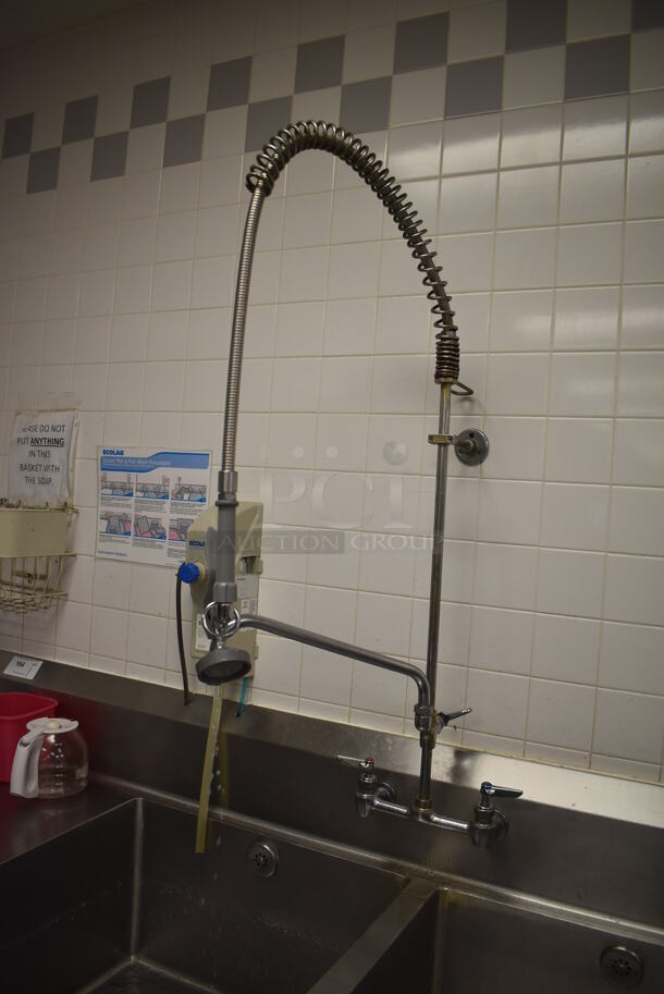 Stainless Steel Commercial 3 Bay Sink w/ Dual Drain Boards, 2 Faucets, 2 Handle Sets and Spray Nozzle Attachment. BUYER MUST REMOVE. 134x36x48. Bays 24x30x14. Drain Boards 28x32x2. (Restaurant Kitchen) - Image 5 of 7