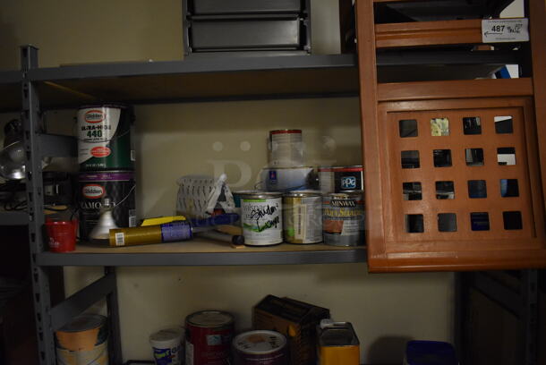 Gray Metal Shelving Unit w/ Contents Including Chair, Paint and Binders. BUYER MUST REMOVE. Includes 98x19x72. (Maintenance Room) - Image 4 of 7
