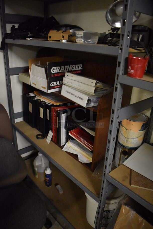 Gray Metal Shelving Unit w/ Contents Including Chair, Paint and Binders. BUYER MUST REMOVE. Includes 98x19x72. (Maintenance Room) - Image 6 of 7