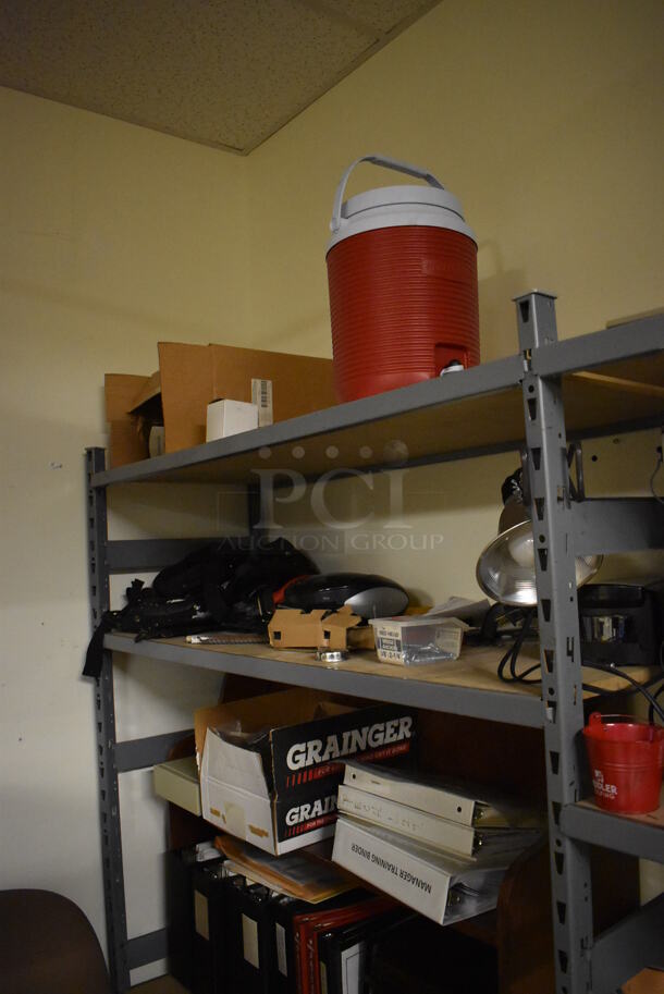 Gray Metal Shelving Unit w/ Contents Including Chair, Paint and Binders. BUYER MUST REMOVE. Includes 98x19x72. (Maintenance Room) - Image 7 of 7