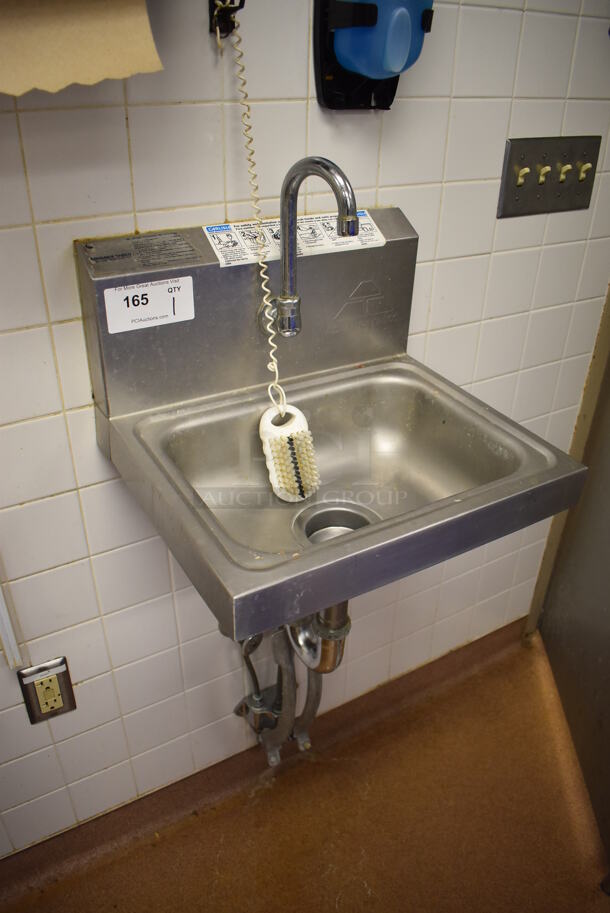 Advance Tabco Stainless Steel Commercial Single Bay Wall Mount Sink w/ Faucet and Food Pedals. BUYER MUST REMOVE. 17.5x15.5x19. (Restaurant Kitchen) - Image 3 of 4