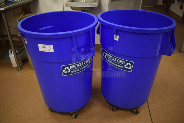 2 Blue Poly Trash Cans on Trash Can Dollies. 24x24x36. 2 Times Your Bid! (Restaurant Kitchen)