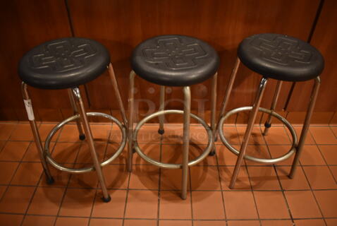 3 Metal Stools w/ Black Seat. 16x16x26. 3 Times Your Bid! (Demo Kitchen)