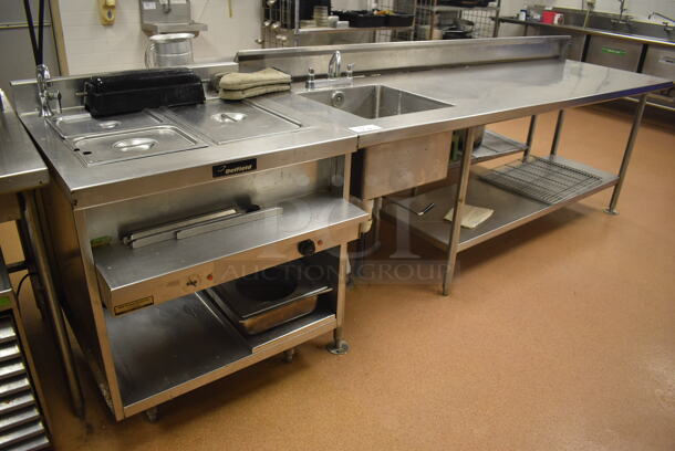 Stainless Steel Commercial Table w/ Delfield Steam Table, Sink Basin, Faucet, Handles and Under Shelf. BUYER MUST REMOVE. 128x35.5x40. (Restaurant Kitchen)