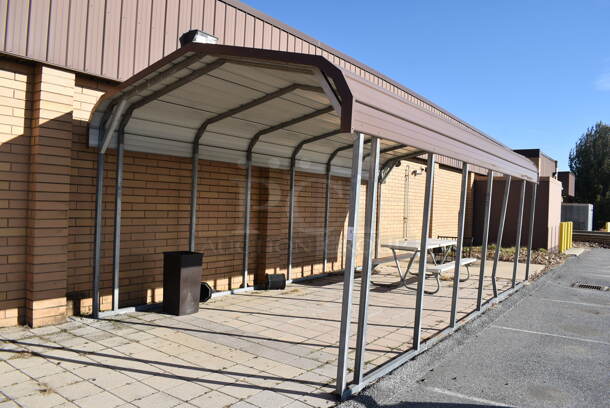 25' Long Outdoor Metal Awning / Car Port. BUYER MUST REMOVE. 142x300x120. (Outside)