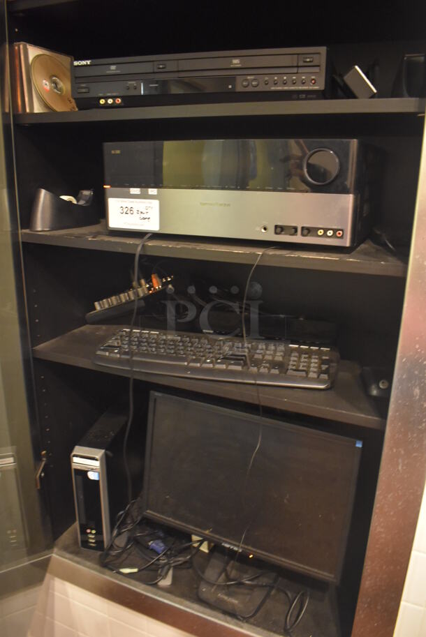 ALL ONE MONEY! Lot of Hanns-G Computer Monitor, Computer Tower, Sony DVD VHS Player and Harmon Kardon Unit. BUYER MUST REMOVE. (Demo Kitchen)