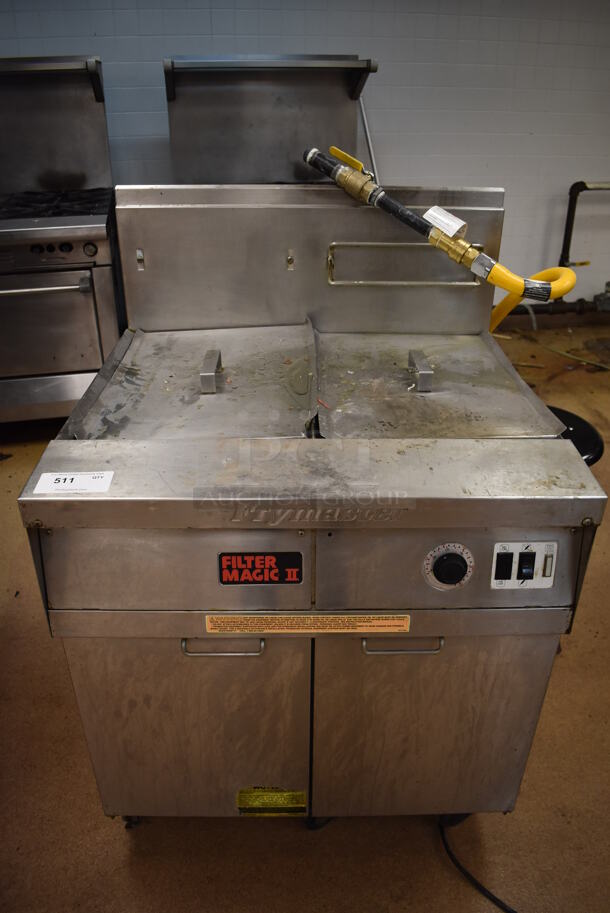 Frymaster FM145ESC Stainless Steel Commercial Floor Style Single Bay Deep Fat Fryer w/ Left Side Dump Station and 2 Lids on Commercial Casters. 122,000 BTU. (Education Kitchen 2)