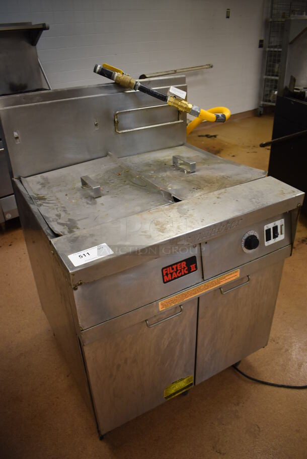Frymaster FM145ESC Stainless Steel Commercial Floor Style Single Bay Deep Fat Fryer w/ Left Side Dump Station and 2 Lids on Commercial Casters. 122,000 BTU. (Education Kitchen 2) - Image 2 of 10