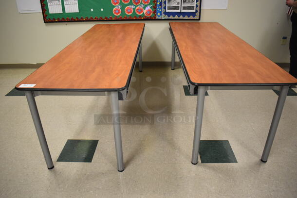 2 Wood Pattern Tables on Metal Legs. 90x30x30. 2 Times Your Bid! (Student Lounge)