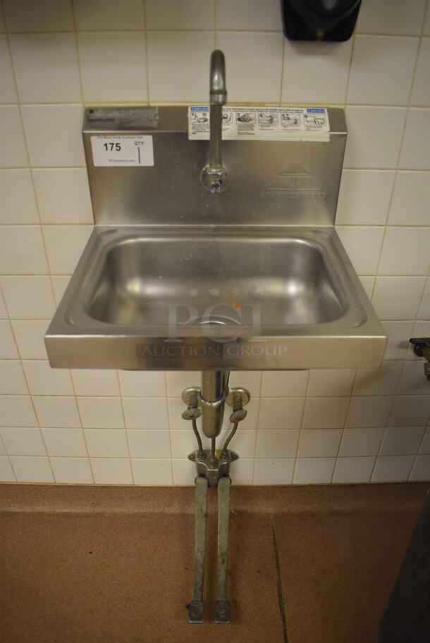 Advance Tabco Stainless Steel Commercial Single Bay Wall Mount Sink w/ Faucet and Pedals. BUYER MUST REMOVE. 17.5x15.5x19. (Education Kitchen 2)