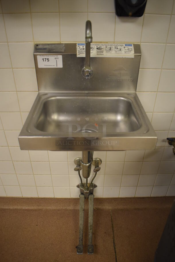 Advance Tabco Stainless Steel Commercial Single Bay Wall Mount Sink w/ Faucet and Pedals. BUYER MUST REMOVE. 17.5x15.5x19. (Education Kitchen 2) - Image 1 of 3