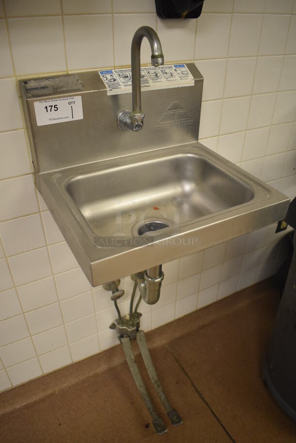 Advance Tabco Stainless Steel Commercial Single Bay Wall Mount Sink w/ Faucet and Pedals. BUYER MUST REMOVE. 17.5x15.5x19. (Education Kitchen 2) - Image 2 of 3