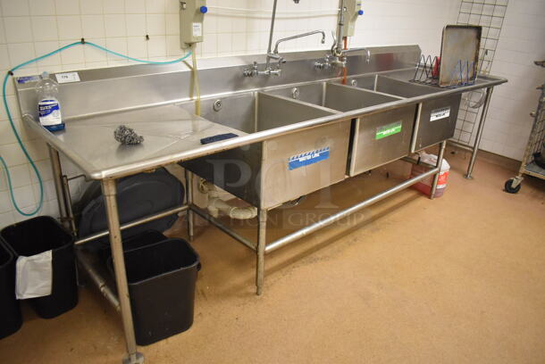 Stainless Steel Commercial 3 Bay Sink w/ Dual Drain Boards, 2 Faucets, 2 Handle Sets and Spray Nozzle Attachment. BUYER MUST REMOVE. 134x36x43. Bays 24x30x14. Drain Boards 28x32x2. (Education Kitchen 2) - Image 2 of 7
