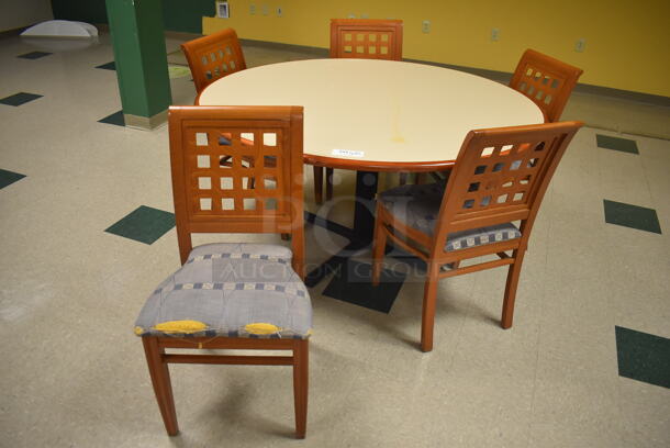 Round Dining Table on Black Metal Table Base w/ 5 Wood Pattern Dining Chairs. 60x30x30, 19x17x36. (Student Lounge)