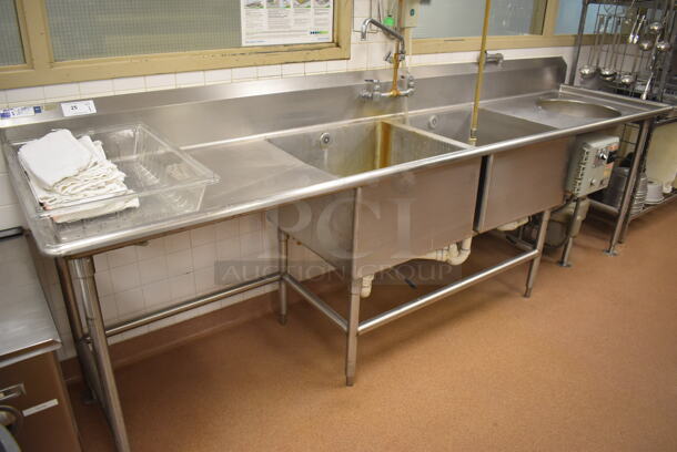 Stainless Steel 2 Bay Sink w/ Faucet, Handles, Spray Nozzle Attachment, Drain Board, Master Disposer CCRM-E Control Box and Master Disposer C12-L-SK-CCRM Garbage Disposal. BUYER MUST REMOVE. 125x30x44. Bays 24x24x14. Drain Board 34x26x2. (Pastry Kitchen) - Image 1 of 12