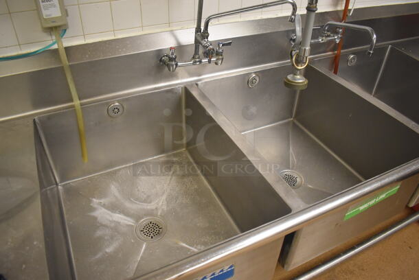 Stainless Steel Commercial 3 Bay Sink w/ Dual Drain Boards, 2 Faucets, 2 Handle Sets and Spray Nozzle Attachment. BUYER MUST REMOVE. 134x36x43. Bays 24x30x14. Drain Boards 28x32x2. (Education Kitchen 2) - Image 5 of 7