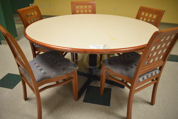 Round Dining Table on Black Metal Table Base w/ 5 Wood Pattern Dining Chairs. 60x30x30, 19x17x36. (Student Lounge) - Image 3 of 4