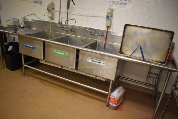 Stainless Steel Commercial 3 Bay Sink w/ Dual Drain Boards, 2 Faucets, 2 Handle Sets and Spray Nozzle Attachment. BUYER MUST REMOVE. 134x36x43. Bays 24x30x14. Drain Boards 28x32x2. (Education Kitchen 2) - Image 7 of 7