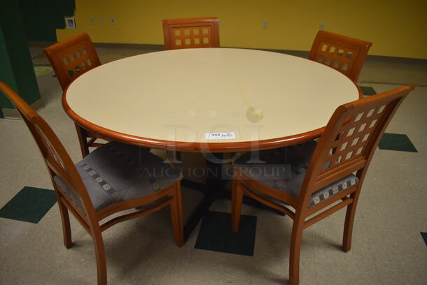 Round Dining Table on Black Metal Table Base w/ 5 Wood Pattern Dining Chairs. 60x30x30, 19x17x36. (Student Lounge) - Image 4 of 4