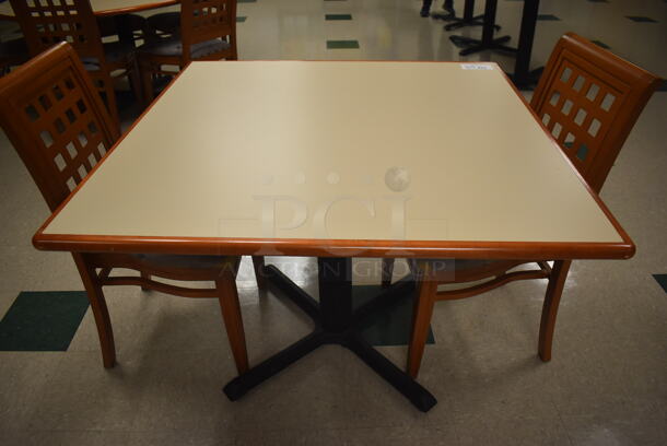 Square Dining Table on Black Metal Table Base w/ 2 Wood Pattern Dining Chairs. 42x42x30, 19x17x36. (Student Lounge) - Image 4 of 4