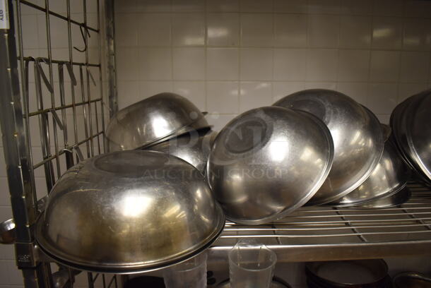 Metal 4 Tier Wire Shelving Unit on Commercial Casters w/ Contents Including Metal Bowls, Skillets and China Cap Strainers. BUYER MUST DISMANTLE. PCI CANNOT DISMANTLE FOR SHIPPING. PLEASE CONSIDER FREIGHT CHARGES. 60x24x78. (Education Kitchen 2) - Image 6 of 11