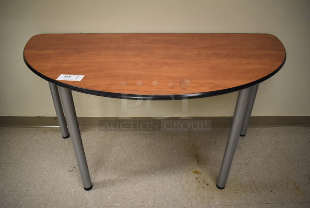 Wood Pattern Semi Circle Table on Metal Legs. 59x30x30. (Student Lounge)