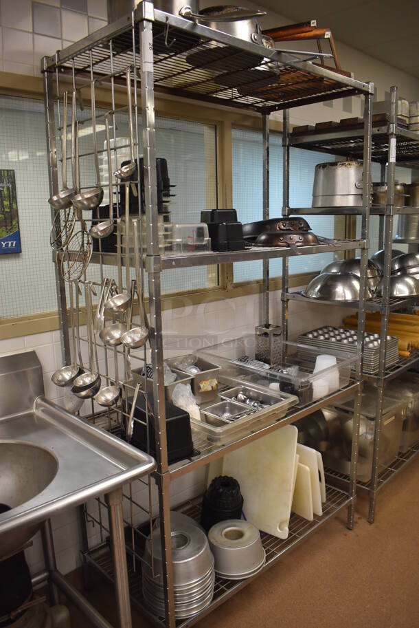 Metal 4 Tier Wire Shelving Unit w/ Contents Including Poly Drop In Bins, Utensils, Cutting Boards and Bundt Cake Pans. BUYER MUST DISMANTLE. PCI CANNOT DISMANTLE FOR SHIPPING. PLEASE CONSIDER FREIGHT CHARGES. 48x24x84. (Pastry Kitchen)