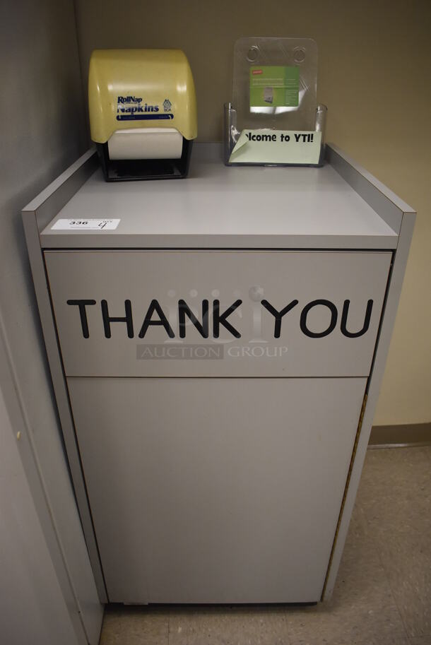 4 Gray Trash Can Shells w/ Trash Deposit Flap, Door and Poly Trash Can. 23x23x42.5. 4 Times Your Bid! (Student Lounge)